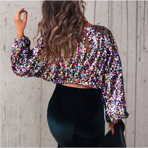 NWT En Creme Multi Color Rainbow Rubina Confetti Sequin Cropped Top - Picture 13 of 14